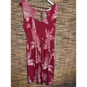 Roxy Tropical Palm Leaf Open Tie Back Maxi Dress Red Cream Boho Vacation L Large